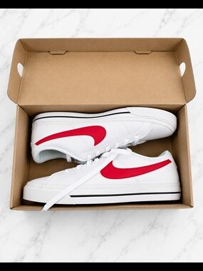 Nike White Sneakers with Red Swoosh - Men’s Low Top